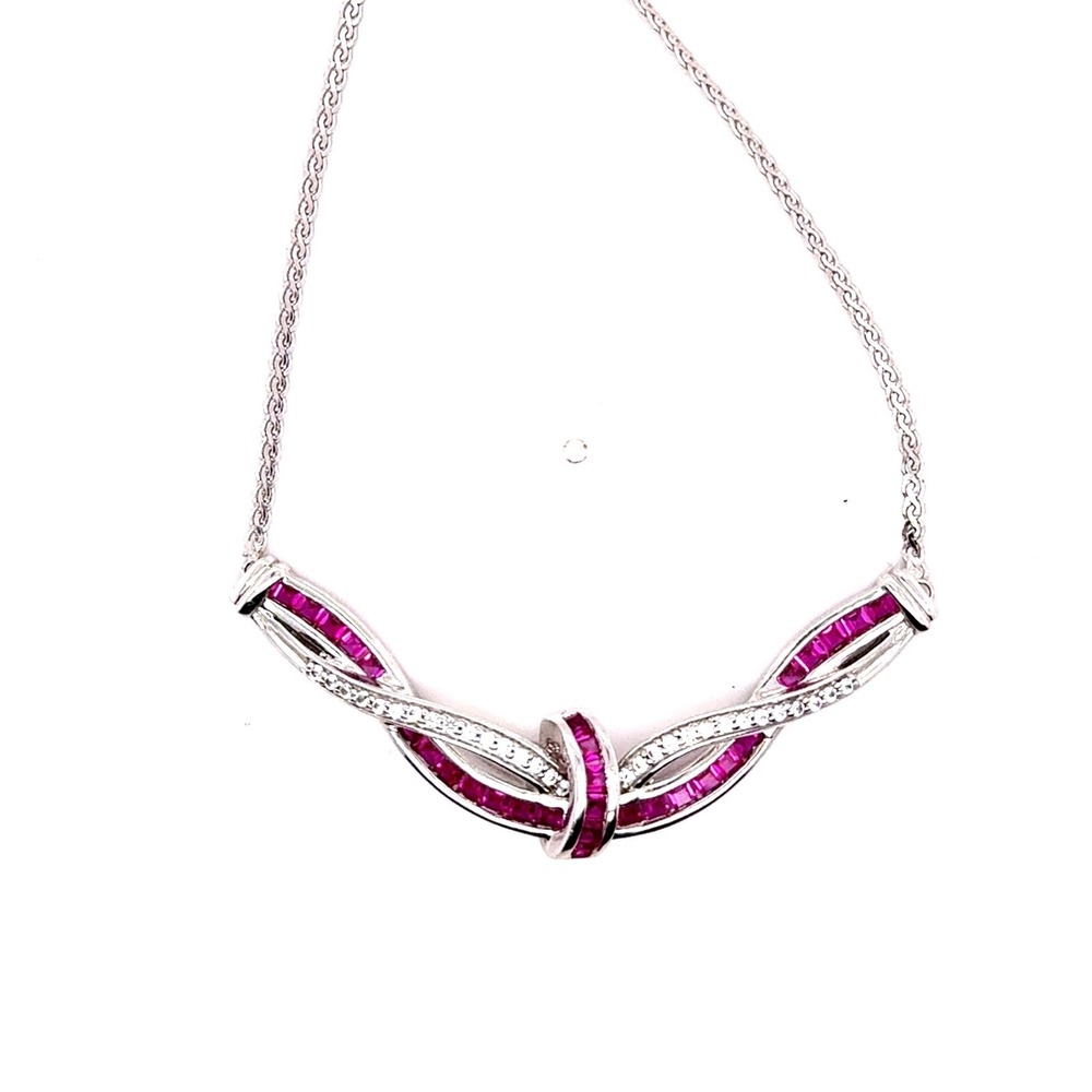 SUN 925 Sterling Silver Pink Baguette Clear Accent Curved Bar Necklace 18 Inch